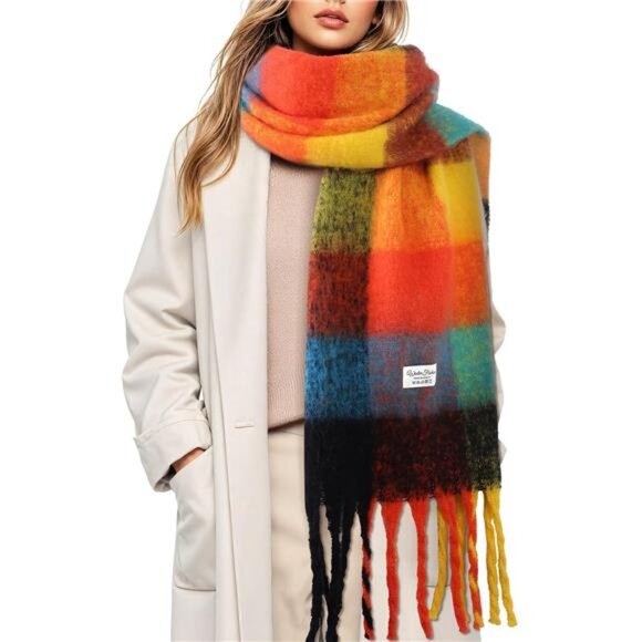 Women's Mohair Winter Scarf Cashmere Feel Plaid Scarves Pashmina Shawls Wraps